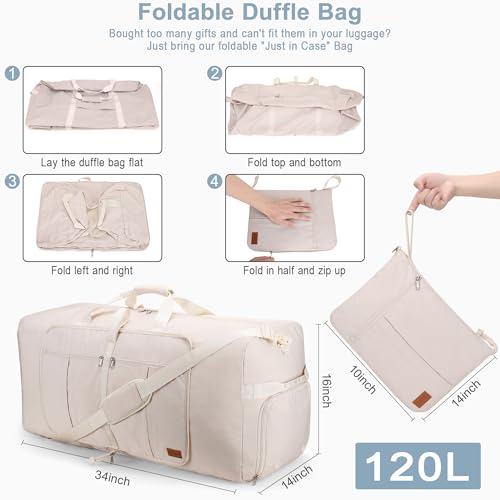 120L EXTRA LARGE Foldable Waterproof Travel Duffle Bag for Men and Women - color: Beige, size: 120L