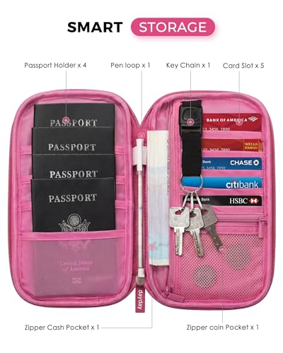 Family Passport Holder for Travel, RFID Blocking Travel Wallet with Zipper - color: Rose Red
