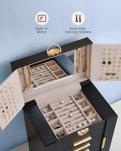 Lolalet Large Jewelry Box, 6-Layer Jewelry Organizer with 5 Drawers -Black - color: Black, size: 6-Layer (9.5" W × 6.3" D × 11.8" H)