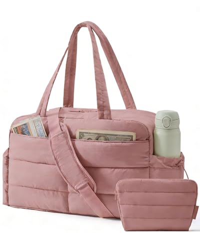 BAGSMART Gym Bag for Women, 2-PC Puffer Travel Duffle Bag Carry On Tote Bag - color: Pink