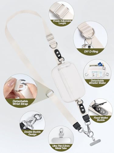 Tiostep Clip and Go Strap for Phone with Wallet Crossbody Phone Lanyard Adjustable and Detachable RFID Wristlet Wallet (Cream, Medium) - color: Cream, size: Medium