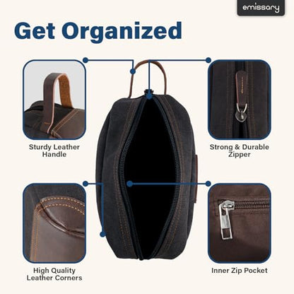 emissary Men's Canvas Travel Toiletry Bag, Leather Dopp Kit - Black - color: Black