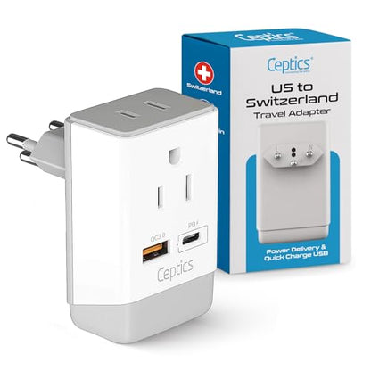 Ceptics Switzerland Plug Adapter, Travel with QC 3.0 & PD, Safe Dual USB & USB-C - 2 USA Socket Compact & Powerful - Quick Charge 3.0 & Power Delivery - Type J AP-11A - Fast Charging - size: 1 Pack, style: Type J - PD 20W USB-C