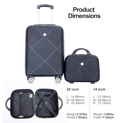 Tripcomp Carry-on Luggage Set 2 Piece Hardside Suitcase With Spinner Wheels - color: Black-2, size: 2 Piece Set(14/20)