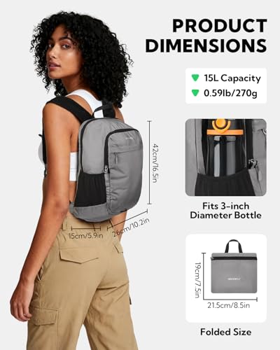 WATERFLY Small Packable Travel Backpack: 15L Lightweight Hiking Daypack - color: Grey