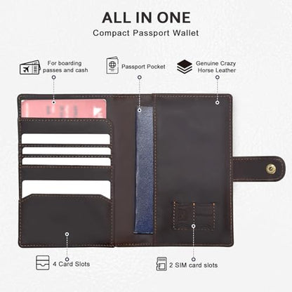 Crazy Horse Leather Slim Passport Holder with RFID &Tracker Slot - color: Dark Brown