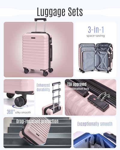 LIGHT FLIGHT Luggage Sets 3 Pcs Suitcase with Wheels, 20"/24"/28", Pink - color: Pink