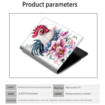 Passport Holder Wallet Cover Case,RFID Blocking Passport Cover,Large Capacity Travel Wallet with Multi Card Slots (Funny Rooster Flower) - color: Funny Rooster Flower