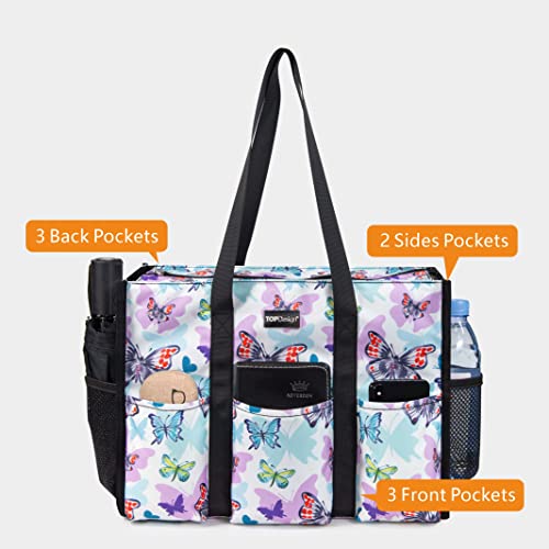 TOPDesign Utility Water Resistant Tote Bag with 13 Pockets, Zipper Closure - color: Butterfly, size: Medium
