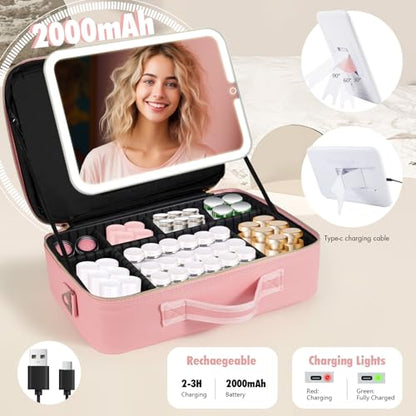 15''X11'' Large Makeup Bag with Removable Lighted Mirror, PU Leather - color: Pink-Removable Mirror