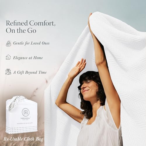 Threadmill Luxury 100% Cotton King Herringbone Blanket, Bright White - color: Bright White, size: King (106" x 92")