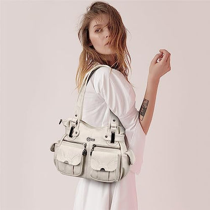 KL928 Women's Shoulder Purse Large Hobo Tote PU Leather Multi-Pocket Bag - color: Small#light Grey