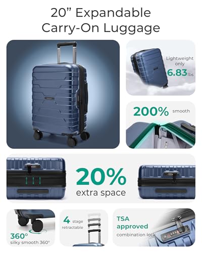BAGSMART Carry-On Luggage 20" Expandable Spinner 22x14x9,Dark Blue - color: Dark Blue