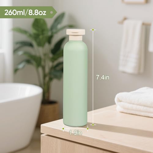 DEMORA 8.8oz Large Travel Bottles for Toiletries, Leak Proof Plastic Travel Squeeze Bottles Refillable Toiletry Containers with Flip Caps and Labels for Shampoo Conditioner Body Wash (Green, 4 Pcs)