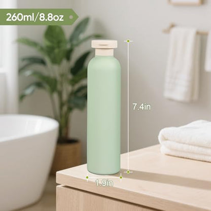 DEMORA 8.8oz Large Travel Bottles for Toiletries, Leak Proof Plastic Travel Squeeze Bottles Refillable Toiletry Containers with Flip Caps and Labels for Shampoo Conditioner Body Wash (Green, 4 Pcs)