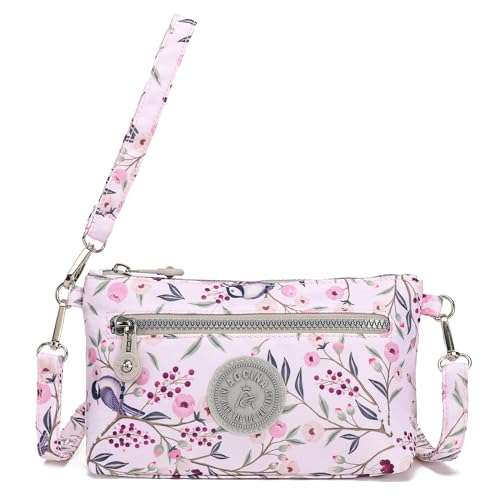 Small Wristlet Wallets for Women Nylon RFID Cross body bag - color: Pink With Cherry
