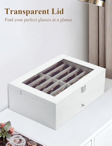 Sunglasses Storage Organizer Case with 24 Adjustable Slots, 2 Layer Multi Eyeglass Glasses Display Box with Lid Women - color: Off White,24 Slots