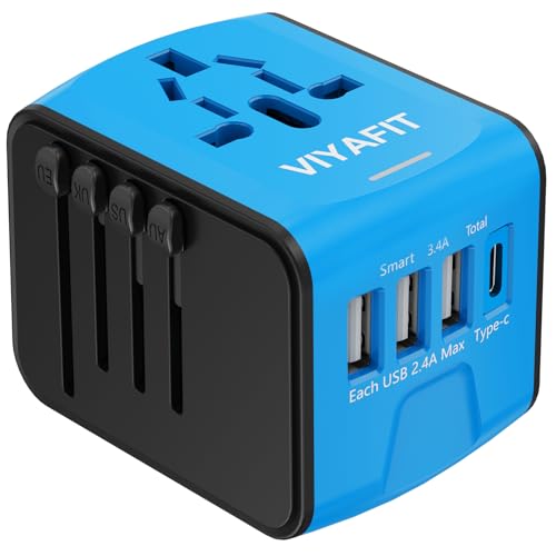 Universal International Travel Power Adapter, All in One Wall Charger with High Speed 2.4A 3xUSB, 3.0A Type-C, European Adapter, Worldwide AC Outlet Plugs for UK, CA, EU, AU, Asia (Blue)