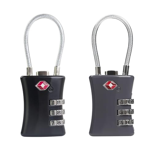 TSA Locks for Luggage, Small Combination Padlock with Cable, Luggage Locks TSA Approved for International Travel Essentials, Suitcase, Backpack Zipper, Locker, Flight Attendant Accessories - color: Black+Gray