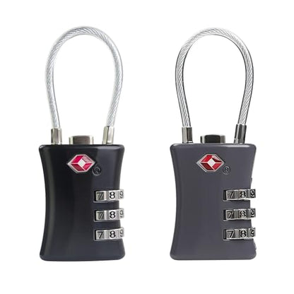 TSA Locks for Luggage, Small Combination Padlock with Cable, Luggage Locks TSA Approved for International Travel Essentials, Suitcase, Backpack Zipper, Locker, Flight Attendant Accessories - color: Black+Gray