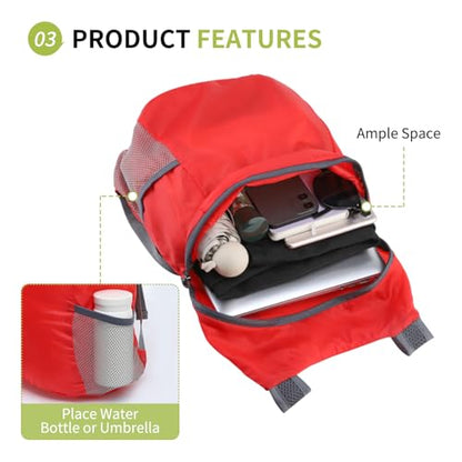 Ultra Lightweight Hiking-Daypack,Foldable Travel Packable Backpack | 20L Foldable Bag for Camping Cycling Outdoor,Day Pack for Men Women,red - color: Red