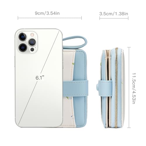 GAEKEAO Small Wallet for Women Vegan Leather Bifold Card Holder RFID Blocking Ladies Purse Floral Pattern with Zipper Pocket - color: Y04-Blue