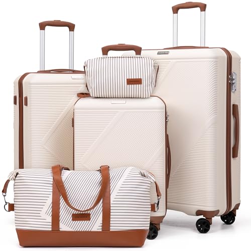 CONCEPTEN Luggage Sets 5 Piece, Hardside Spinner Suitcases with Wheels, Lightweight Carry On Luggage Set with TSA Lock, 20in 24in 28in ABS Hardshell Travel Set, White - color: White, size: 5PCS