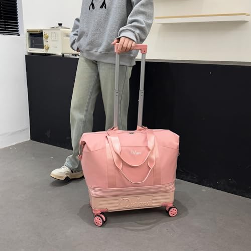 Rolling Duffle Bag with Wheels and Handle, Expandable Foldable Carry On Luggage with Removable Wheels, Personal Item Travel Bag, Lightweight Duffel Tote for Gym Hospital Weekender (Blush Pink) - color: Blush Pink