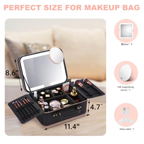 Mocado Travel Makeup Bag with Mirror Makeup Case with Brushes Dividers - color: Black with Hard Leather