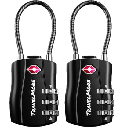 TravelMore TSA Approved Luggage Locks, Travel Combination Cable Locks - color: Black, size: 2 Pack