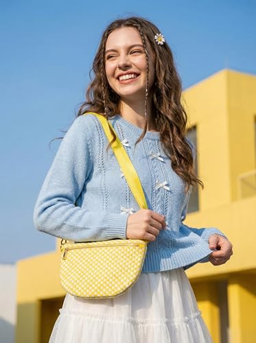 Woven Crossbody Bag for Women, Checkered PU Bum Bag Sling Purse with Adjustable Strap for Travel, Festivals - color: Lemon Yellow & White Checkered Woven