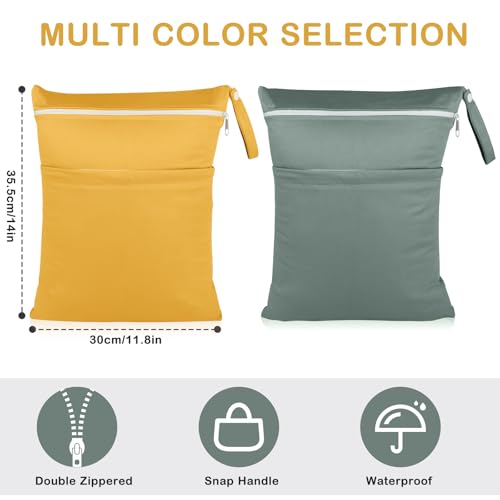 Angel Love Wet Bags, 2 Pack Baby Cloth Diaper Wet/Dry Bags with Two Zippered Pockets, Travel, Beach, Pool, Gym Bag for Swimsuits or Wet Clothes, Waterproof Washable Reusable, L216217 - color: Dark green and yellow