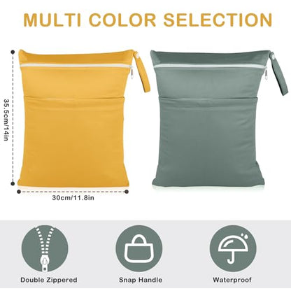 Angel Love Wet Bags, 2 Pack Baby Cloth Diaper Wet/Dry Bags with Two Zippered Pockets, Travel, Beach, Pool, Gym Bag for Swimsuits or Wet Clothes, Waterproof Washable Reusable, L216217 - color: Dark green and yellow