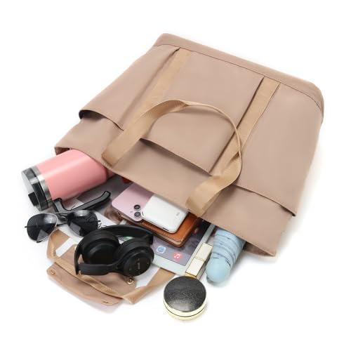 Waterproof Tote Bag with Zipper Foldable Beach Bag for Travel - color: Beige