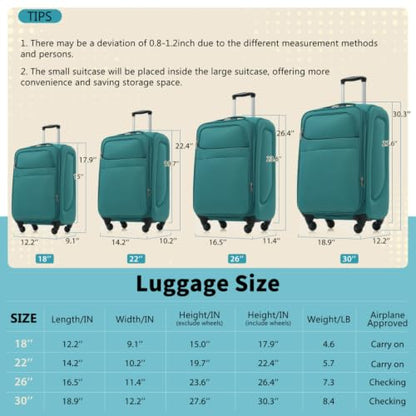 4-Piece Softside Luggage Set, Expandable Lightweight Polyester Suitcases with Spinner Wheels & TSA Lock, 18/22/26/30 Inch Travel Luggage Set with Front Pockets (Blue Green) - color: Blue Green