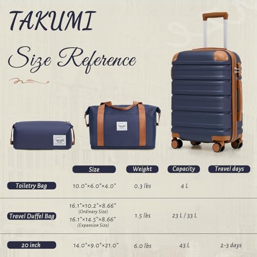 TAKUMI Luggage Sets, Hardside Suitcases with Wheels, Navy, 3 Piece - color: NAVY, size: 3 Piece Set(DB)