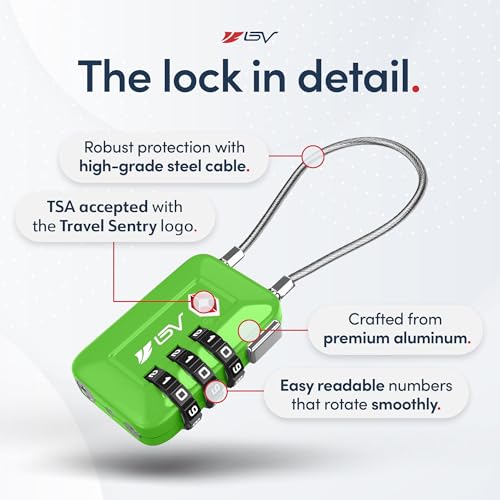 BV Luggage Locks TSA Accepted, Travel Sentry Approved 3-Digit Combination Suitcase Locks with Open Alert & Flexible Cable for Travel, Backpacks, Lockers, Cases, Green, 1 Pack - color: Green 1-Pack