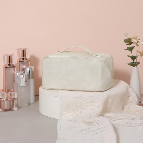 Travel Makeup Bag Cosmetic Bags for Women Large Capacity Water-resistant Portable Pouch Open Flat Toiletry Bag - color: A04-Beige