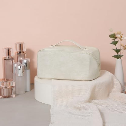 Travel Makeup Bag Cosmetic Bags for Women Large Capacity Water-resistant Portable Pouch Open Flat Toiletry Bag - color: A04-Beige
