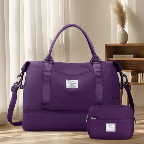 Travel Duffel Bag with Shoes Compartment,Weekender Bags for Women Travel - color: Dark Purple, size: Large