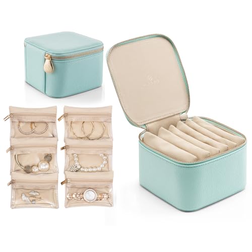VLANDO Travel Jewelry Box Organizer with 6 Zippered Pouches, Aqua Blue - color: Aqua Blue, size: Small - 6 Pouches