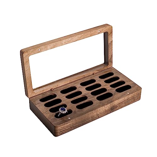 Luxury Solid Wood Ring Box with Glass Window Storage 16 Ring Holes - color: 16 Slots