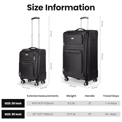 Softside Suitcase Sets 2 Piece(20/30in) w/Front Open Pocket - color: Black, size: 2-Piece Set (20"/30'')