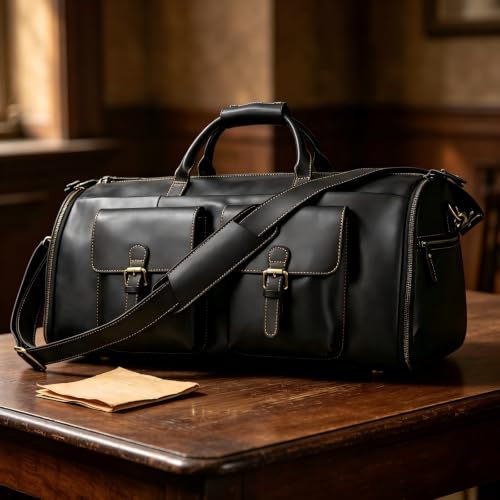 Carry On Garment Bag, Convertible Garment Bag Full Grain Leather Garment Bags for Travel with Shoe Pouch, 2 in 1 Hanging Suitcase Suit Travel Bags for Men，Black - color: black