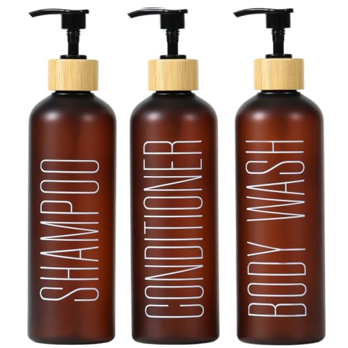 16oz Brown Shampoo and Conditioner Dispenser- Empty Refillable Pump Bottles - color: Brown&bamboo Pump