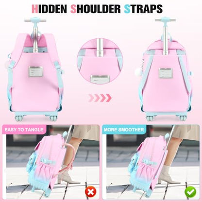 ACESAK Rolling Bow Backpack for Girls with Lunch Bag & Pencil Pouch - color: Pink Blue