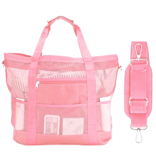 Mesh Beach Bags for Women - Plus Waterproof Sandproof Tote Bag - color: Pink With Top Zipper, size: Large