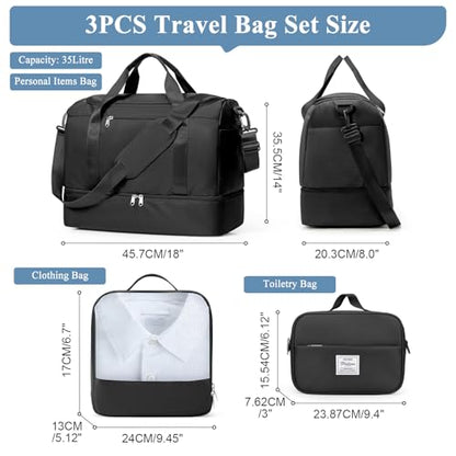 Travel Duffel Bag, Carry-On Overnight Weekender Bags with Shoes Compartment - color: Black 3Pcs Set, size: Small