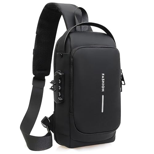Travel Sling Bag Waterproof Crossbody Bag with Combination Lock Anti-Theft PU Leather Chest Bag - color: Deep Black
