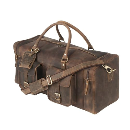 KomalC 24 Inch Leather Travel Duffle Bag, Gym Sports Cabin Holdall - color: Distressed Brown, size: 24 Inches